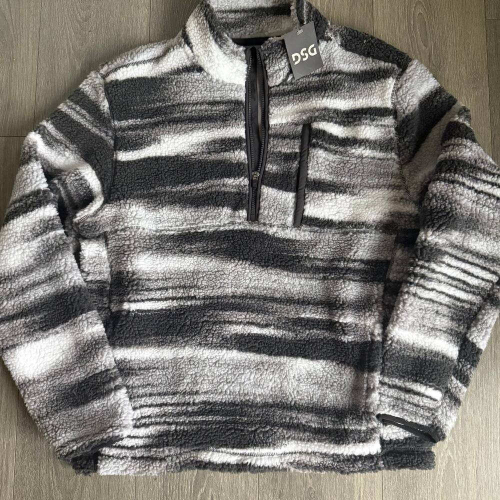 DSG Mens Quarter Zip Sherpa Fleece Pullover Grey White Striped Jacket Size M NWT